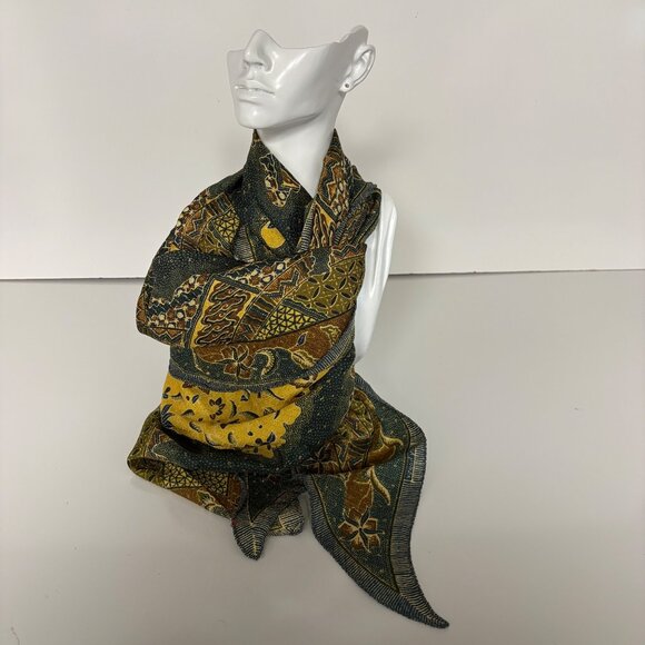 Triangle Scarf Green Yellow Batik-Inspired Print Lightweight Silky Vintage - Picture 5 of 7